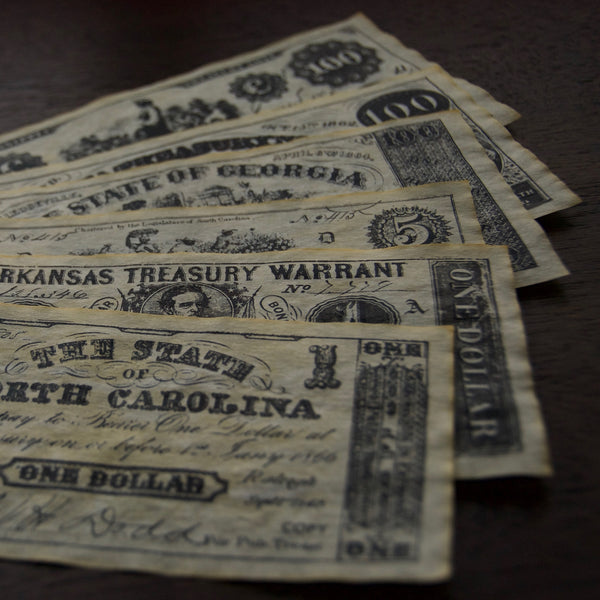 Confederate Arkansas currency, 1 dollar bills, types 30 and 34]. -  Confederate Paper Currency 