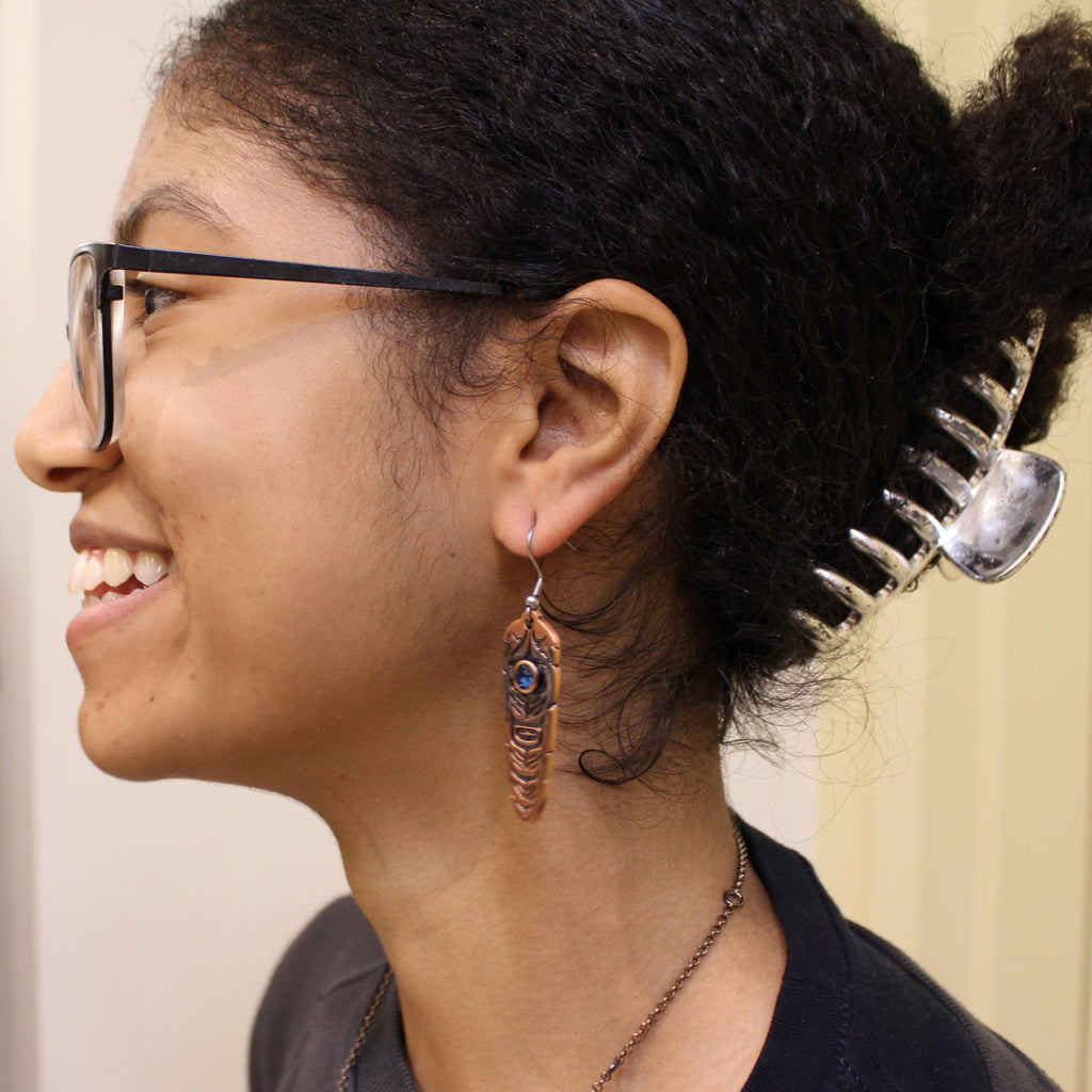 Sacred Feather with Midnight Blue Crystal  Earrings