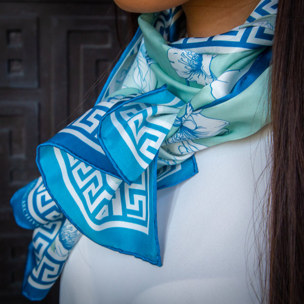 Blue Sakura Charmeuse Silk Scarf